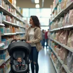 parent comparing affordable high quality baby gear in store aisle