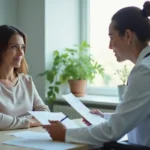 mother consulting medical professional about quality of birth care