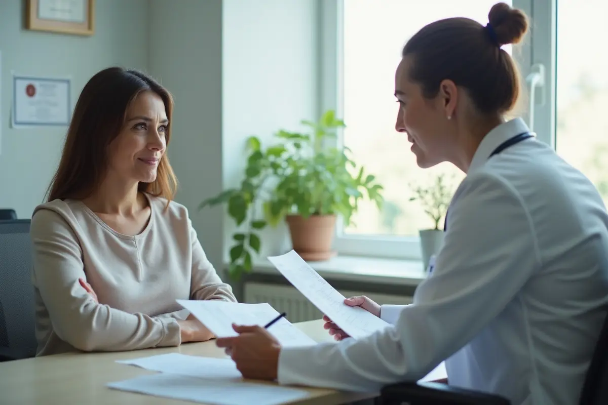 mother consulting medical professional about quality of birth care