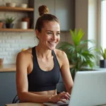 smiling fitness instructor leading virtual workout session on laptop screen