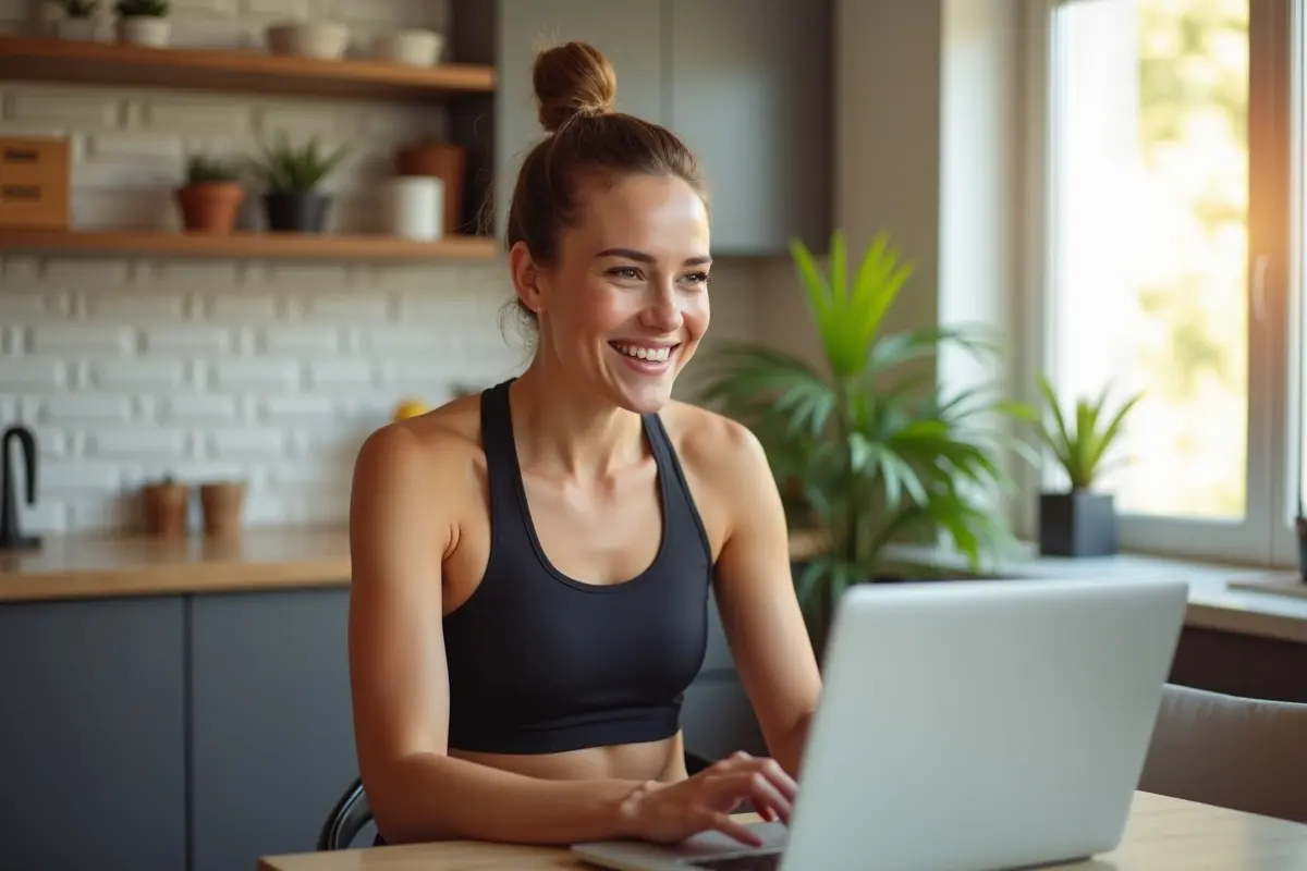 smiling fitness instructor leading virtual workout session on laptop screen