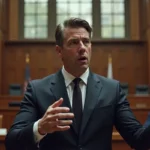 criminal defense lawyer passionately defending client during courtroom trial proceedings