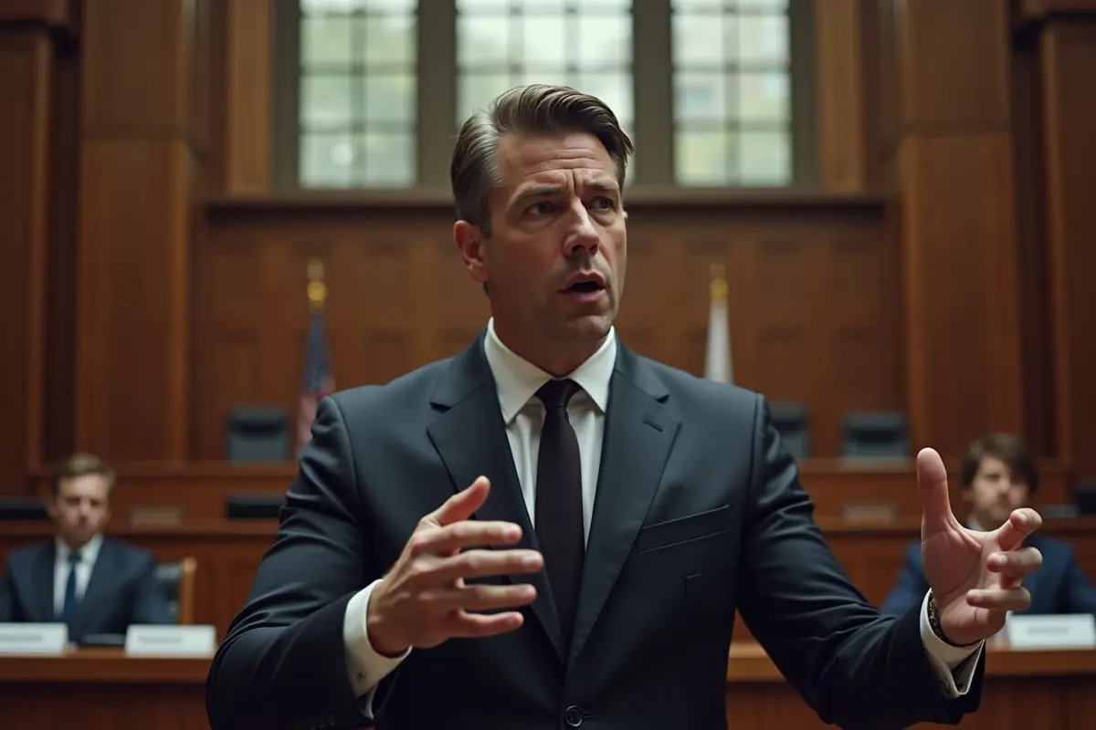 criminal defense lawyer passionately defending client during courtroom trial proceedings