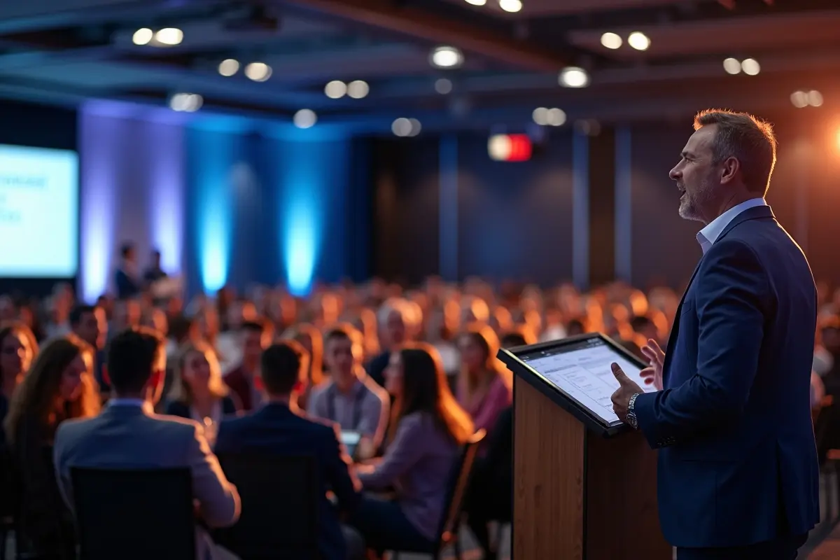 keynote speaker engaging audience and setting inspiring conference atmosphere