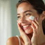 smiling woman applying vegan collagen skincare for glowing complexion