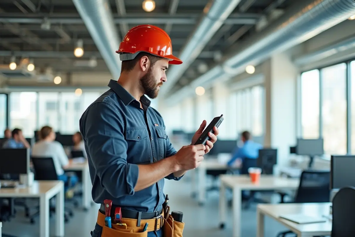 hvac technician assessing airflow to improve workplace comfort and productivity