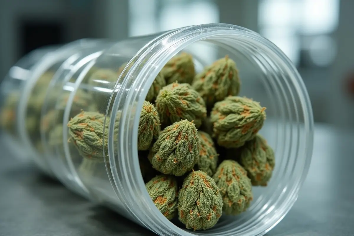 industrial hemp flowers displayed in sealed packaging