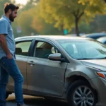 driver inspecting damage after parked car collision