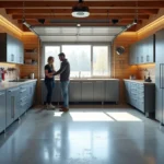 homeowner upgrading organized garage workspace with storage systems