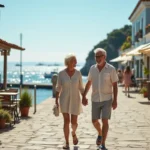 senior couple enjoying retirement in scenic coastal town