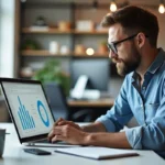 small business owner analyzing seo performance on laptop