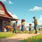 family enjoying fun activities at farm shop during weekend visit