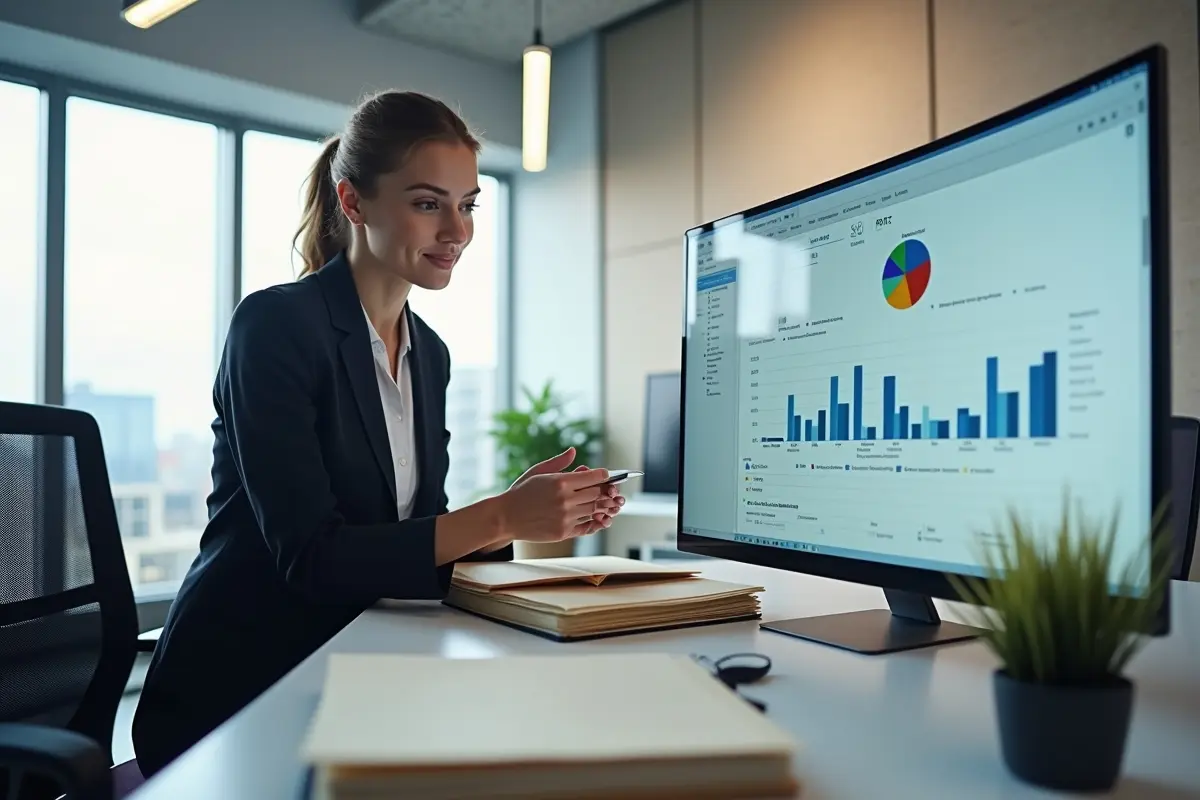 business professional organizing files with modern digital document management system