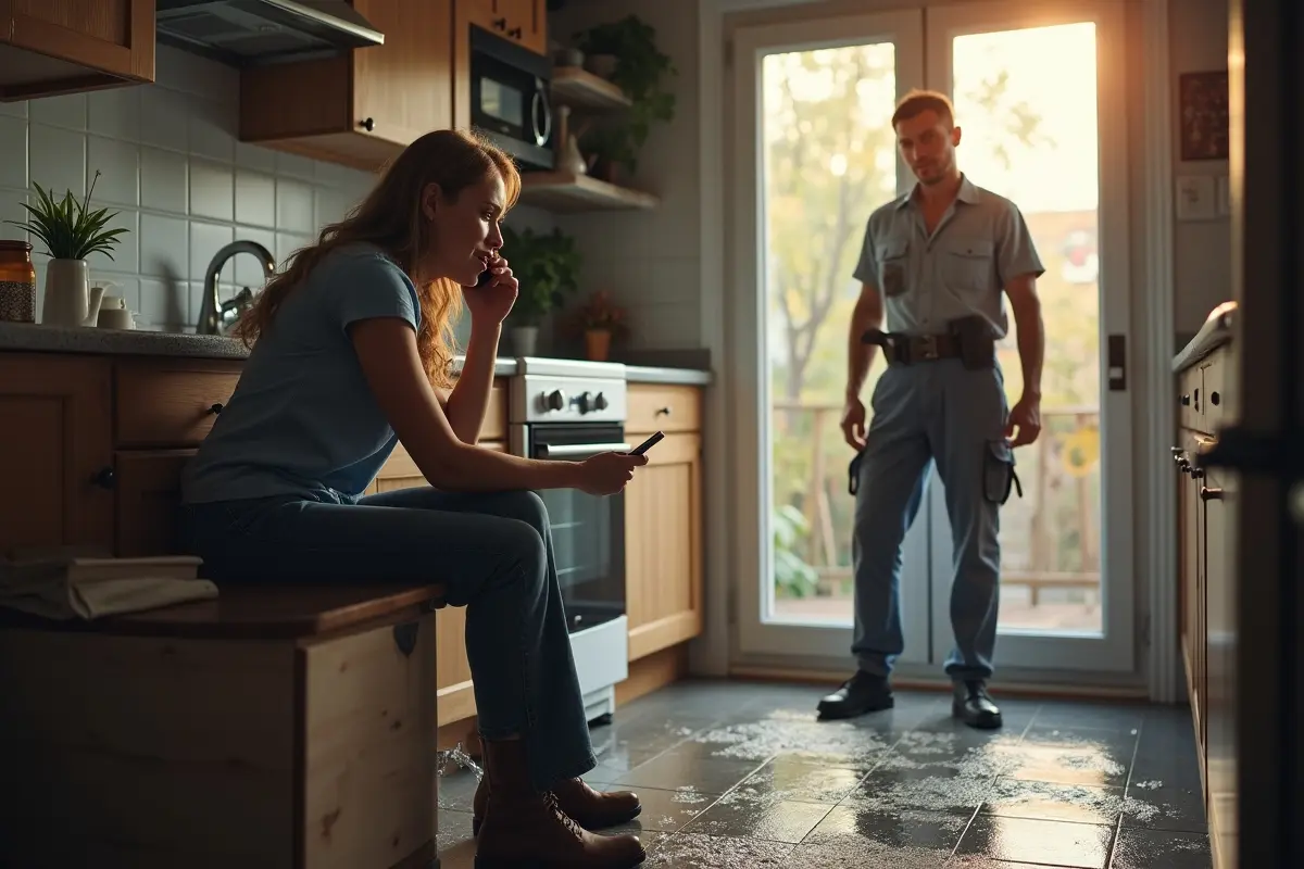 homeowner contacting emergency plumber to resolve urgent plumbing problem quickly