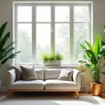 stylish living room comparing faux floor plants with real indoor plants