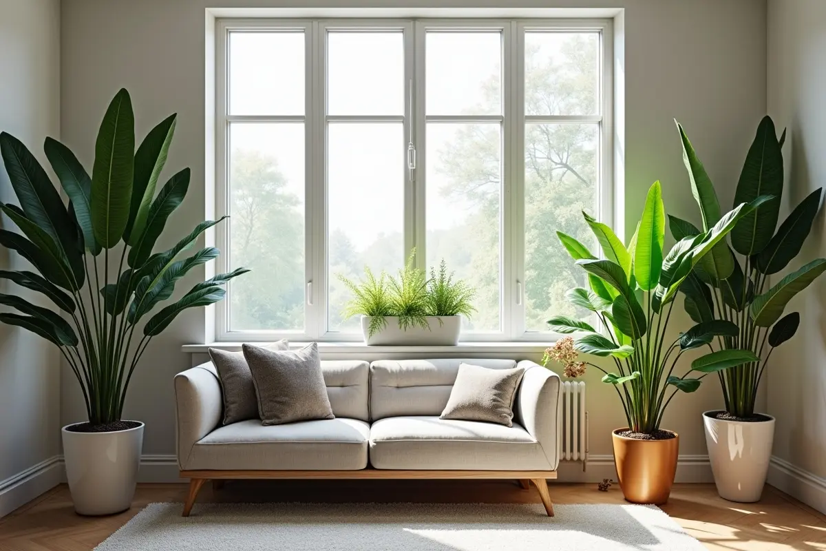 stylish living room comparing faux floor plants with real indoor plants