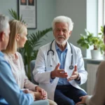 doctor discussing alzheimers warning signs with patient and family members